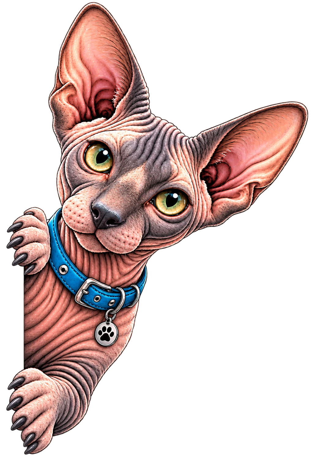 Gato sphynx de ACUKA asomándose desde el borde de la pantalla